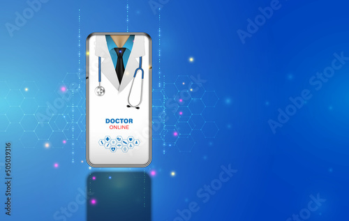 Online consultation doctor on mobile app with male doctor standing. Online medical clinic, tele medicine,