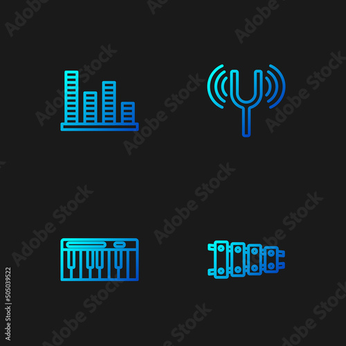 Set line Xylophone, Music synthesizer, equalizer and Musical tuning fork. Gradient color icons. Vector
