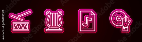 Set line Drum with drum sticks, Ancient Greek lyre, MP3 file document and DJ playing music. Glowing neon icon. Vector