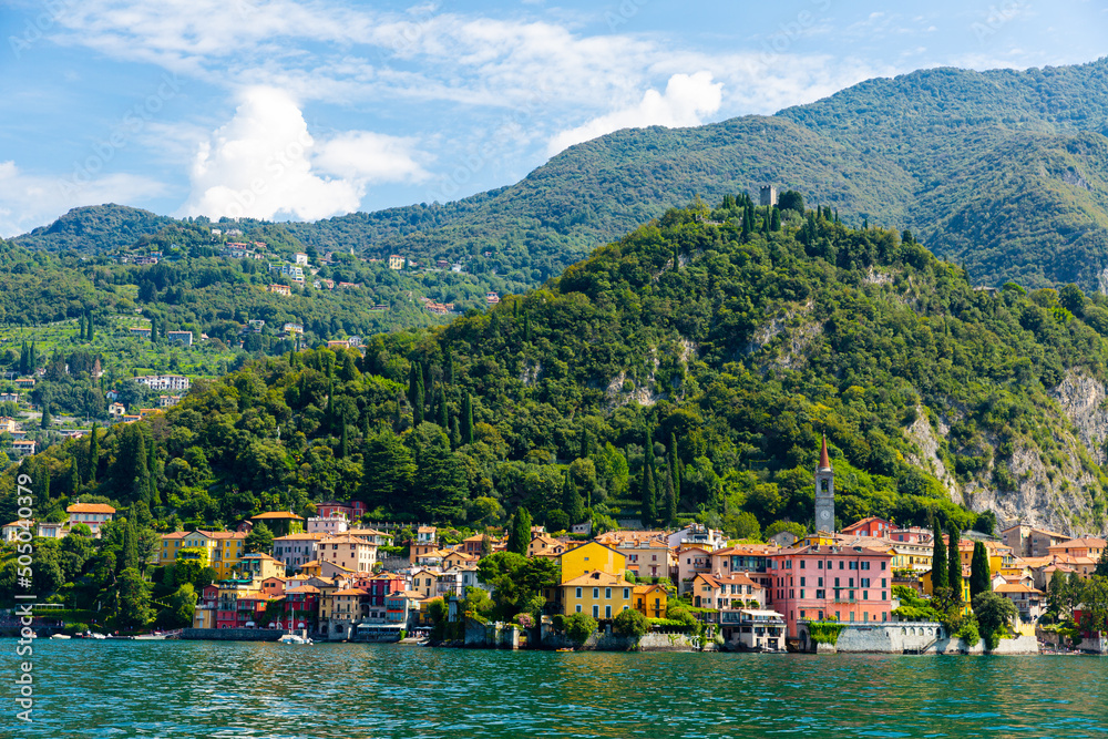 Landscape with lake and mediterranean buildings, lake Como, Varenna, Lombardy region in Italy..