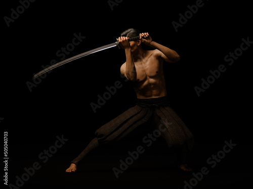 Soul of a Samurai.  Full-length portrait of an Asian man holding a sword in the upper position on dark background. 3D illustration.