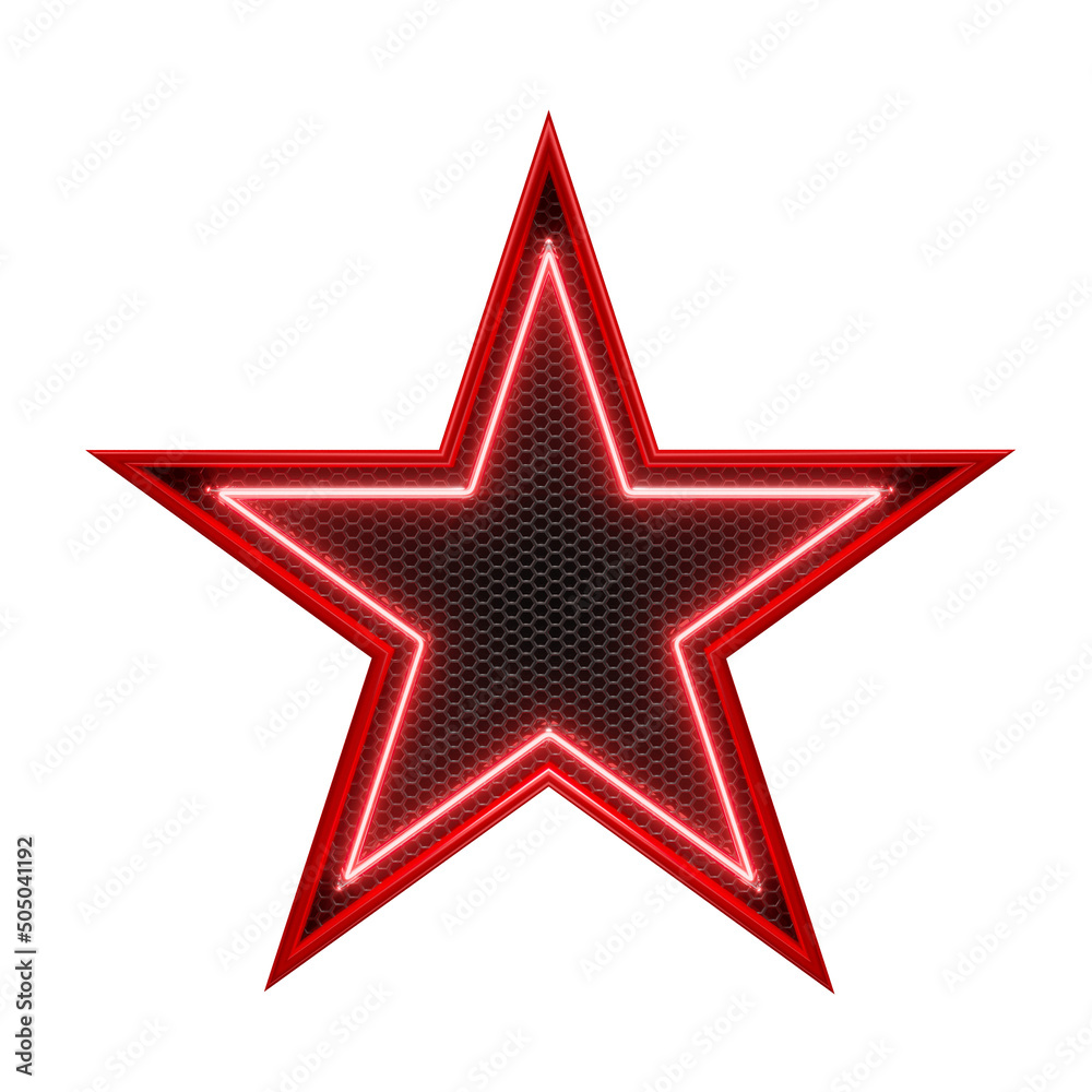 Red neon star in grid 3d render Red neon star in grid 3d render