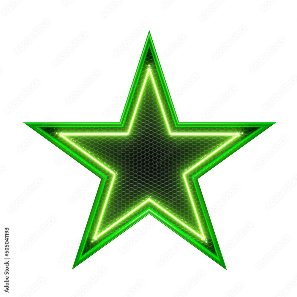 Green neon star in grid 3d render Green neon star in grid 3d render