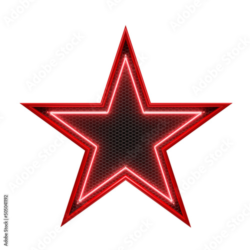 Red neon star in grid 3d render