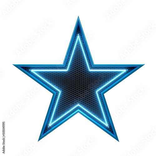 Blue neon star in grid 3d render
