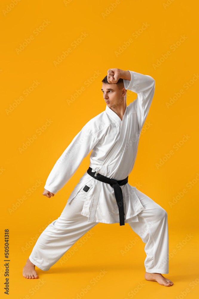 Man practicing karate on yellow background Man practicing karate on yellow background