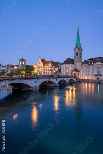 Münsterbrücke and Fraumünster church in Zurich (Zürich) at night, Switzerland © eyetronic