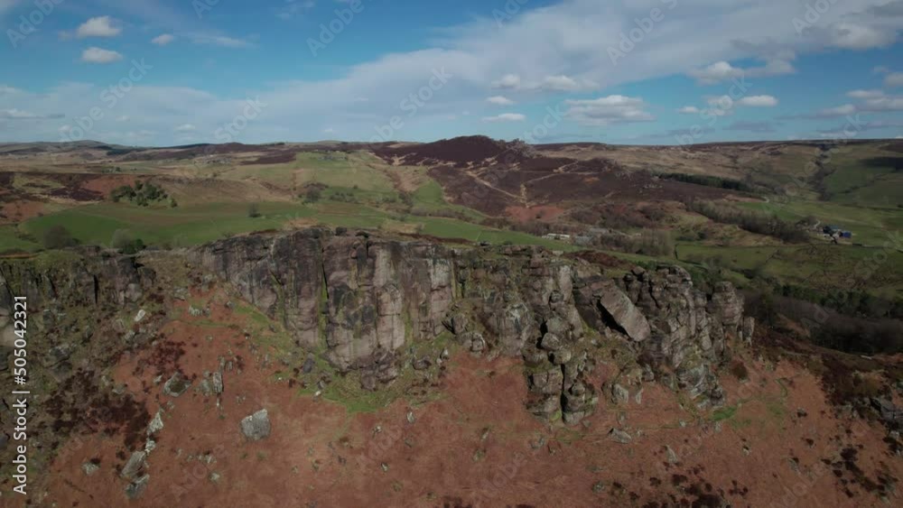Aerial drone shot orbiting around a spectacular limestone rocky outcrop of the Roaches in the Peak District, Staffordshire, England Aerial drone shot orbiting around a spectacular limestone rocky outcrop of the Roaches in the Peak District, Staffordshire, England