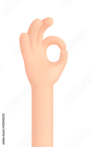 Ok uman hand gesture depicting approval, acceptance, consent, good condition, isolated on white background. All Right, Good, All is Well Concept. 3D cartoon funny style. 3d vector illustration