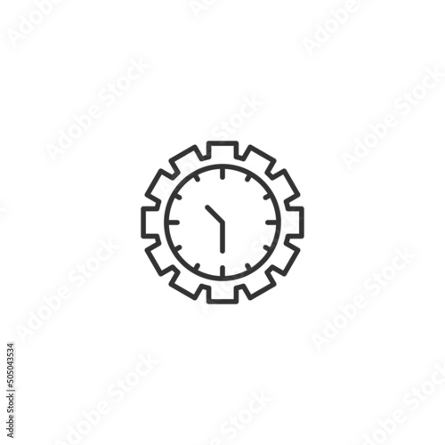 Time and clock. Minimalistic illustration drawn with black thin line. Editable stroke. Suitable for web sites, stores, mobile apps. Line icon of clock inside of gear