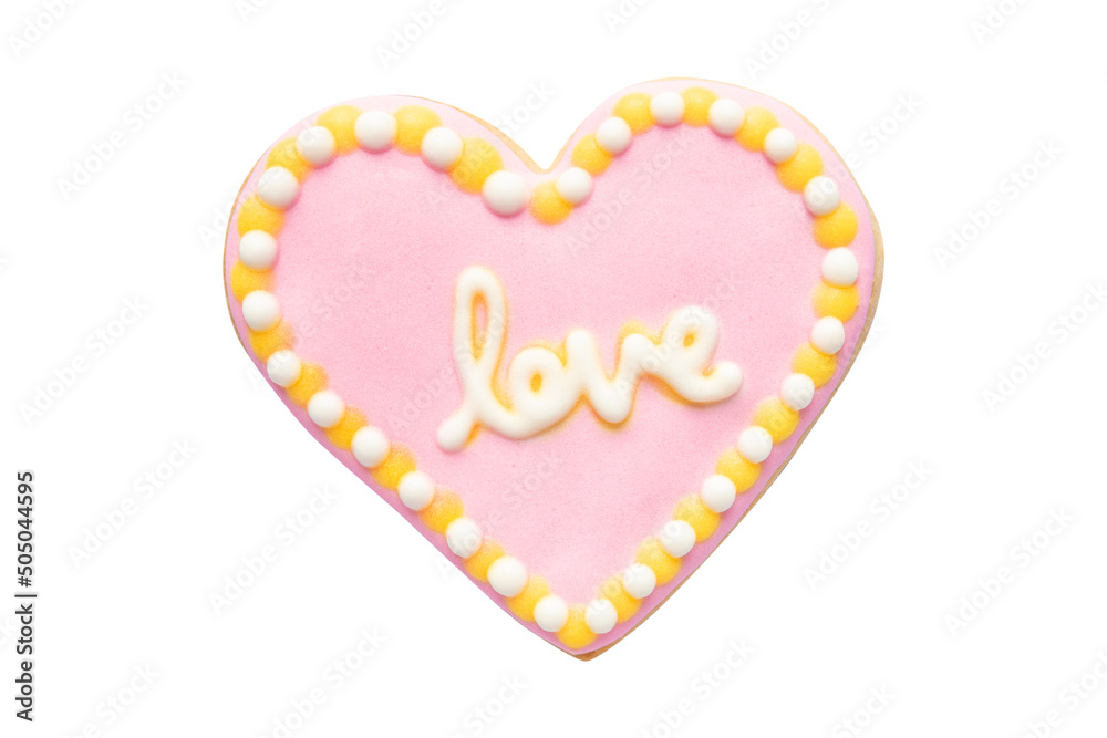Pink Heart Shaped Cookie with Royal Icing Isolated on White Background Pink Heart Shaped Cookie with Royal Icing Isolated on White Background