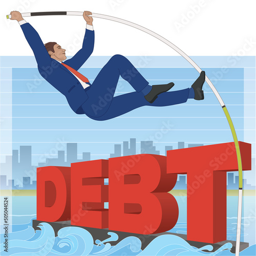 businessman pole vaulting over the word DEBT, concept to avoid drowning in debt with buildings and sky in background