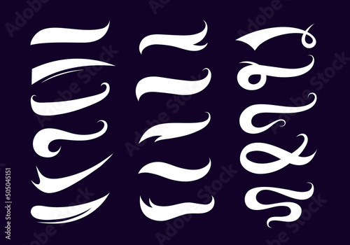 Swooshes text tails for baseball design. Sports swash underline shapes set in retro style. Swish typography font elements for athletics, baseball, football decoration. White swirl vector line