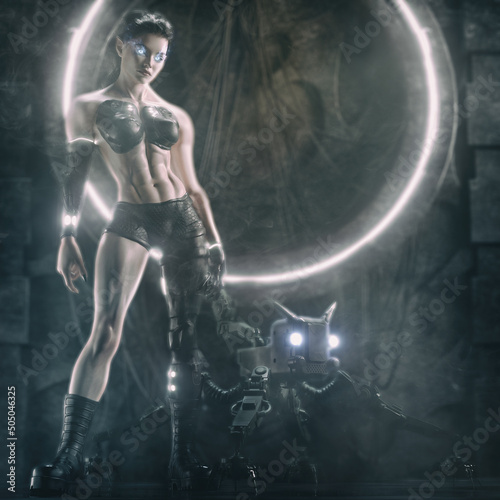 strong female cyborg with her own robot cat and soft focus neon background 