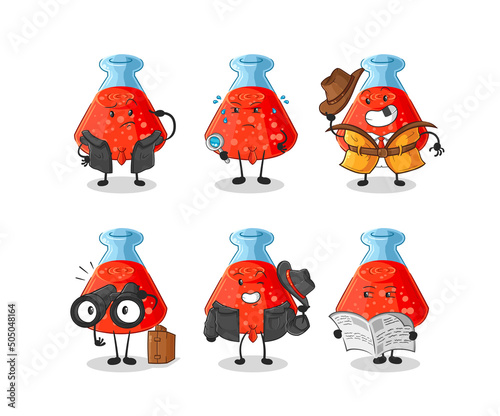 chemical tube detective group character. cartoon mascot vector