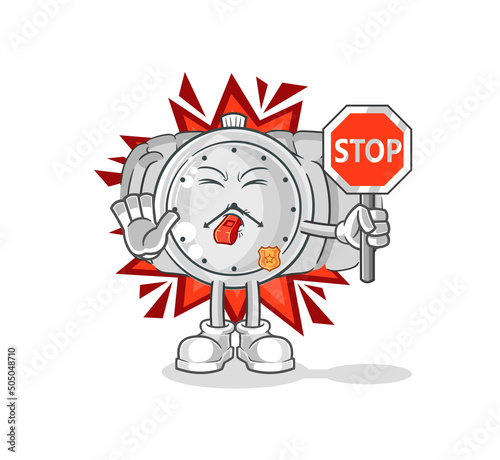 wristwatch holding stop sign. cartoon mascot vector