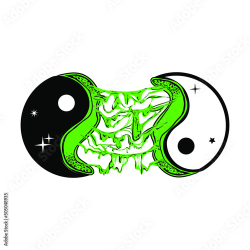 Illustration of open in yan symbol with slime goo inside. Hippie and 60s, 70s groovy fashion.