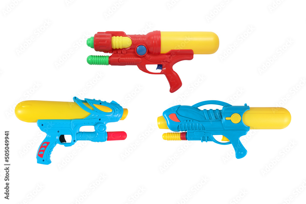 Plastic water gun toy two style isolated on white background with clipping path include for design usage purpose. Plastic water gun toy two style isolated on white background with clipping path include for design usage purpose.