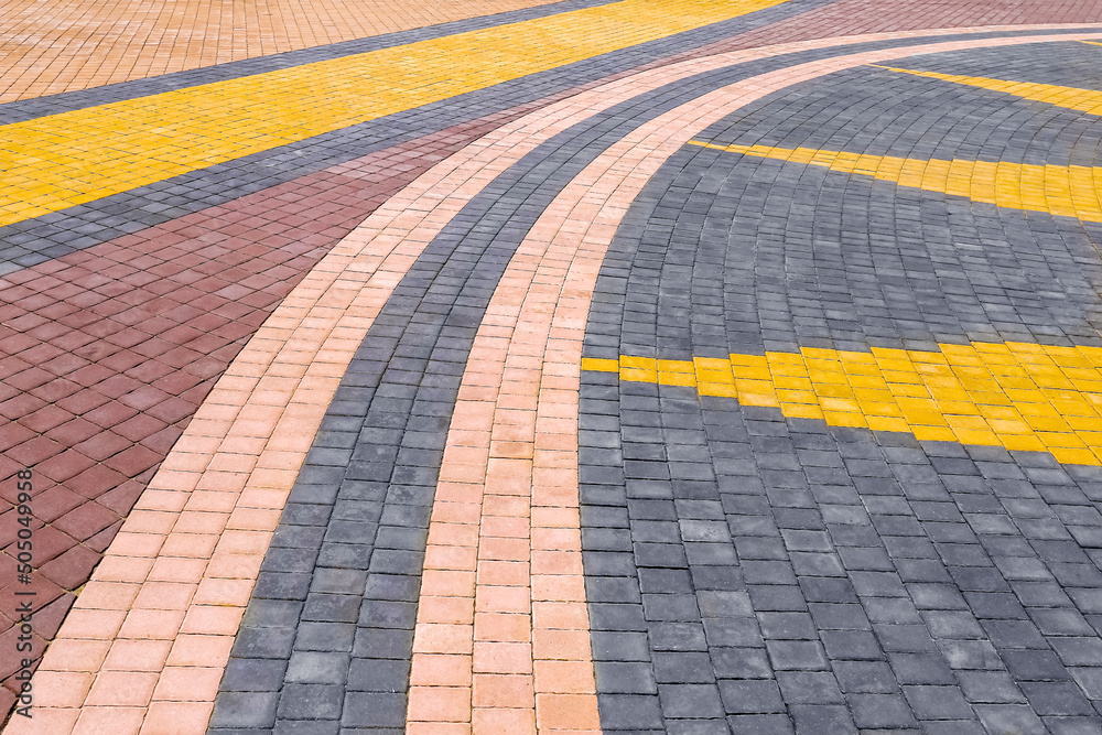 Perspective View of Brick floor on The Ground for Street Road. Sidewalk, Driveway, Pavers, Pavement in Vintage Design Flooring colorful Pattern Texture Background