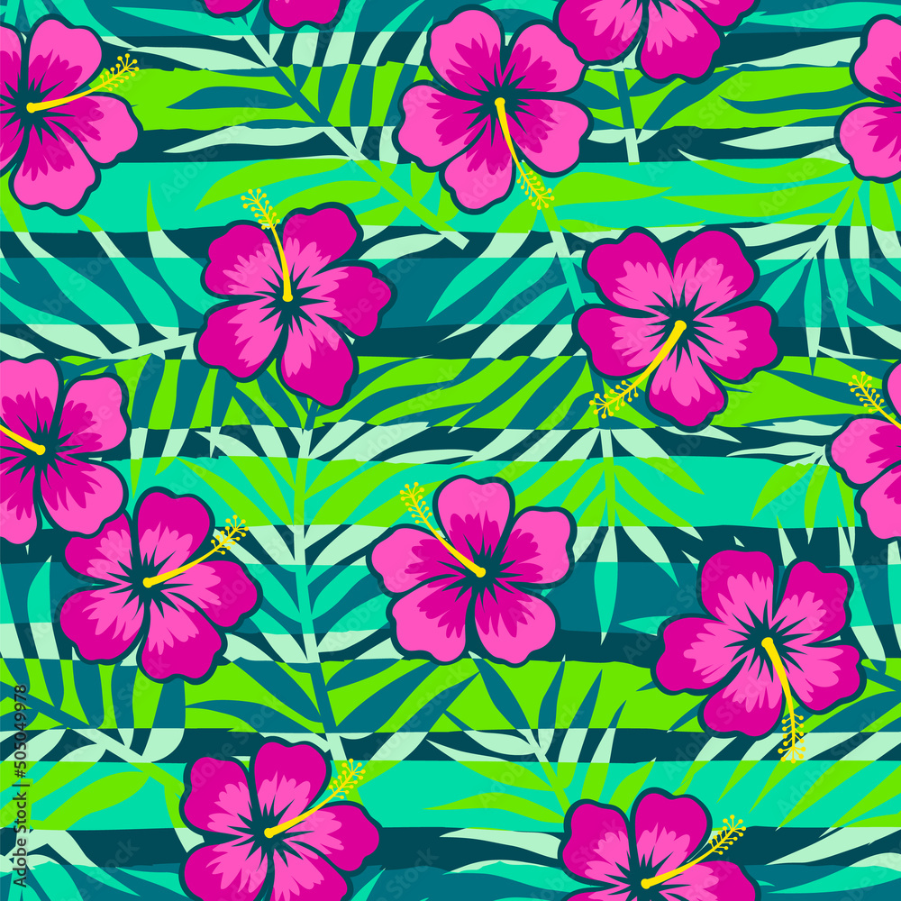 Hibiscus and palm leaf with brushed stripes seamless pattern for summer holidays background. Hibiscus and palm leaf with brushed stripes seamless pattern for summer holidays background.