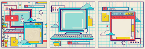 Set of retro frames or square posters for messages or text with computer and window boxes.Nostalgia old pc user interface. Fun templates with copy space for text.Social media posts, promotion layouts