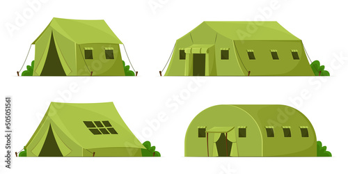 Green military tents cartoon illustration set. Camping tents or shelter of different shapes for soldiers or outdoor recreation isolated on white background. Army camp concept