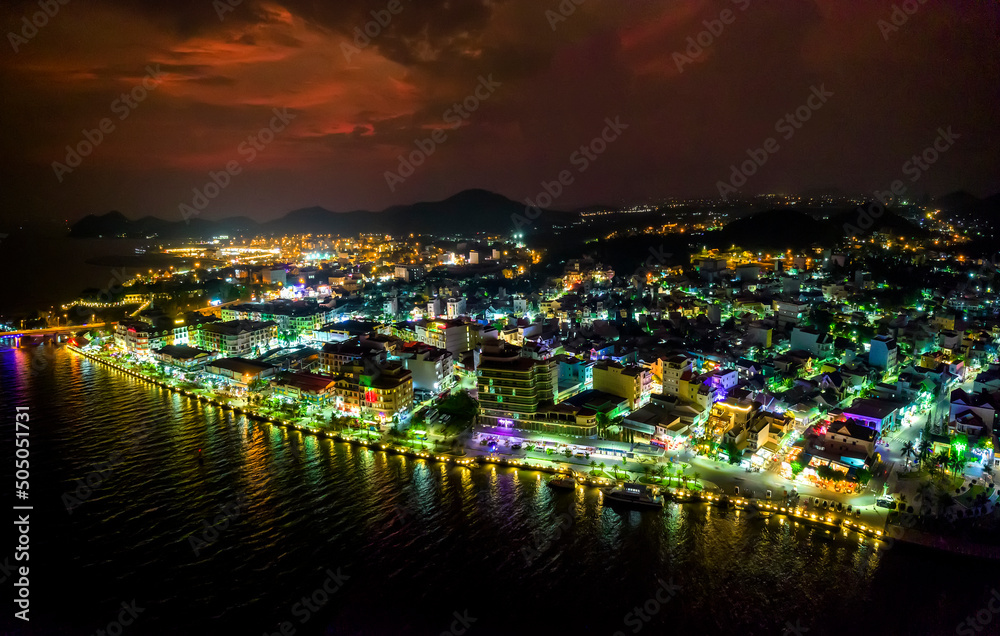 Aerial View of night Ha Tien town, Kien Giang, Vietnam, this is central crowded and bustling in Kien Giang, Vietnam.