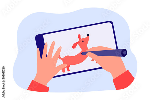 Hands of digital artist drawing cute comic dog on graphic tablet. Graphic designer holding stylus or pen flat vector illustration. Graphic design, creativity concept for banner or landing web page