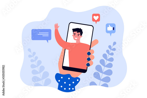 Hand social media user holding phone with friend on screen. Man waving and leaving comment flat vector illustration. Internet, communication concept for banner, website design or landing web page