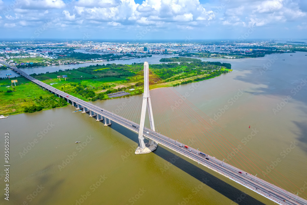 Can Tho bridge, Can Tho city, Vietnam, aerial view. Can Tho bridge is famous bridge in mekong delta, Vietnam.
