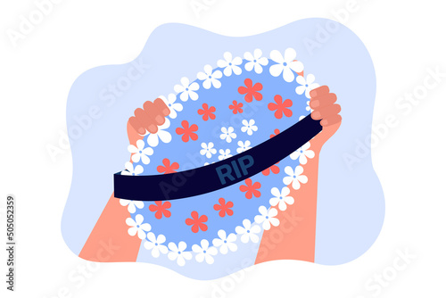 Hands holding floral funeral tribute with RIP on ribbon. Wreath for memorial flat vector illustration. Funeral, death, grief concept for banner, website design or landing web page