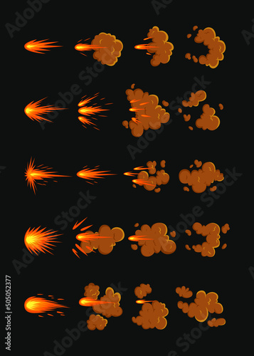 Gunshot animation on black background cartoon illustration set. Orange gun flashes with fire and smoke, explosive effect or bullet trace. Explosion, weapon, blast, burst concept