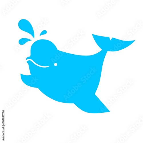 Vector illustration of a Beluga whale. Blue beluga design with three water splashes on head. Isolated on a white background. great for logo design.