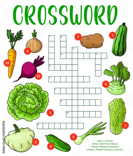 Cartoon raw farm isolated vegetables on crossword puzzle worksheet, vector word quiz. Kids education riddle grid game to guess word of zucchini, Chinese cabbage and patison, kohlrabi and onion