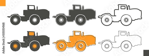 Agricultural machinery set. Vehicle for field farm work. Isolated industrial tractor transport icon collection. Different variants of the same tractor icon.