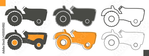 Agricultural machinery set. Vehicle for field farm work. Isolated industrial tractor transport icon collection. Different variants of the same tractor icon.