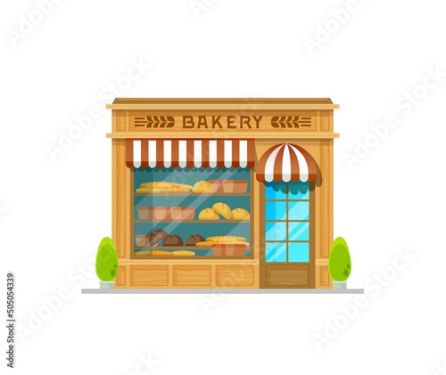 Bakery shop building facade with glass showcase, signboard and canopy. Vector baking store, cafe, bread, pastry and dessert boutique with various baked products