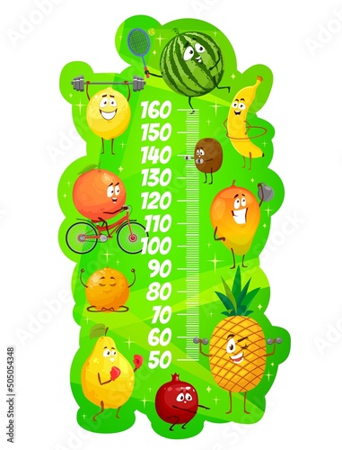 Kids height chart funny fruits growth meter. Vector wall sticker with cartoon funny characters lemon, watermelon, banana, mango, pineapple, garnet, quince, orange, mandarin and lemon ruler