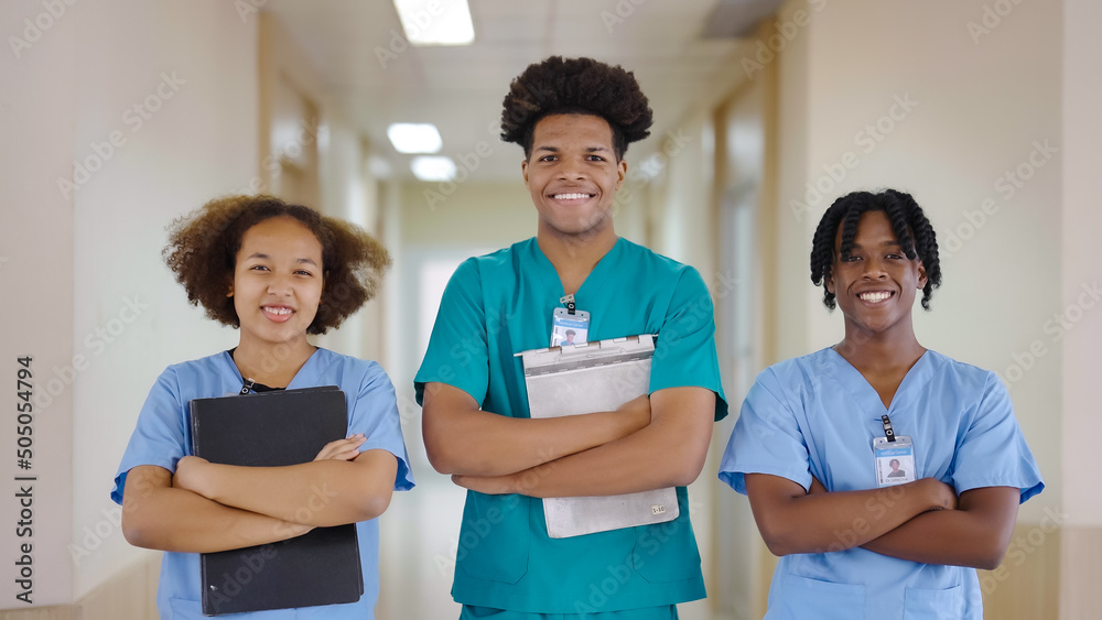Black group people medical team. Hospital medical staff. Doctor and nurse happy and smile in hospital Black group people medical team. Hospital medical staff. Doctor and nurse happy and smile in hospital