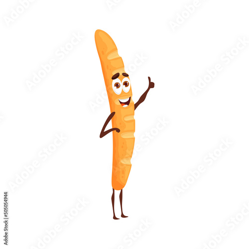 Happy long loaf bread character. French baguette vector funny mascot or personage with smiling face, fresh bake cute character and long loaf or wheat bread showing thumb up gesture