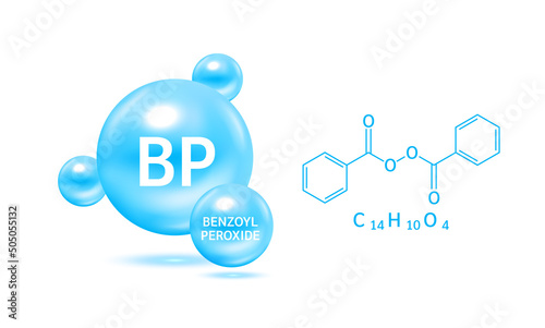 Benzoyl Peroxide blue and structure. Vitamin complex helps dissolve clogged acne reduce inflammation of acne. Medical concept. Beauty treatment nutrition skin care design. 3D Vector EPS10.