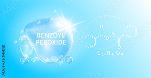 Serum Benzoyl Peroxide blue and structure. Vitamin complex helps dissolve clogged acne reduce inflammation of acne. Medical concept. Beauty treatment nutrition skin care design. 3D Vector EPS10.