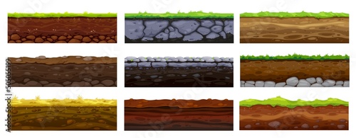 Soil, ground and underground layers, cartoon seamless game levels. Vector natural land textures cross section view with dirt, pebbles and green grass. Textured soli surface background, ui design