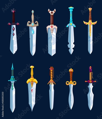 Magical swords, cartoon steel blades, rapier and glavie, sabre, broadsword. Vector dagger and stiletto knight decorated with precious gems, warrior weapon Ui game asset, isolated magic armor