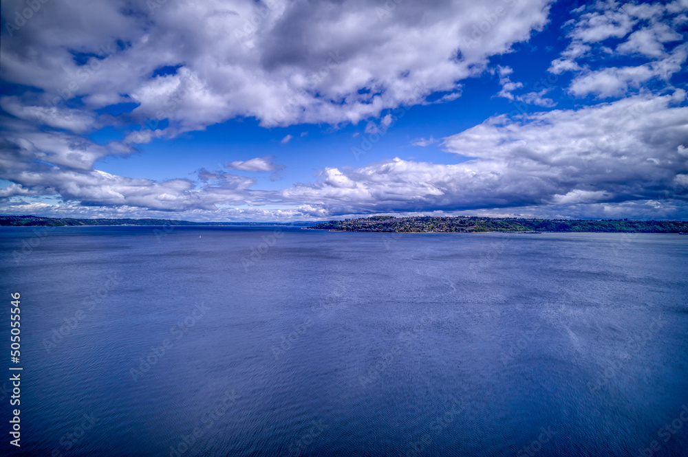 An aerial view of Puget Sound on a cloudy morning