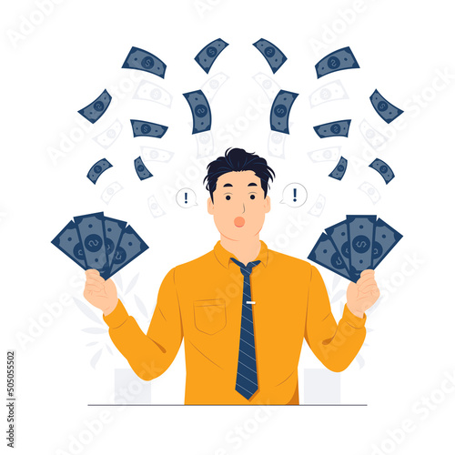 Vector concept illustration businessman thinking  how invest earned dollars, hold cash and looking up thoughtful. Business, finance and employment, entrepreneur and money flat cartoon style