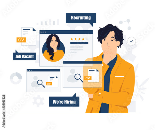 Vector concept illustration Specialists choosing best candidate for job, Profiles of various people with ranking, Company searching new employee, recruitment process flat cartoon style
