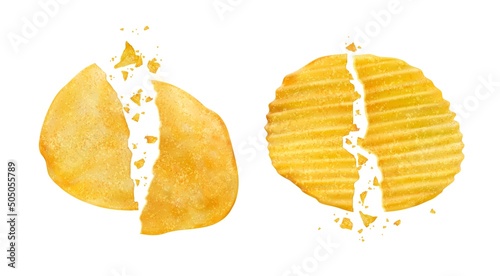 Cracked and broken potato chips with crumbs. Realistic vector crispy snack chips pieces separated on two parts. Isolated 3d crushed crunchy junk food, delicious vegetable crisp meal, fast food