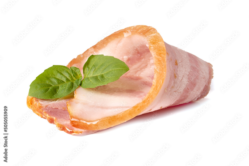 Raw piece of fresh bacon with basil leaf green isolated on a white background. Raw piece of fresh bacon with basil leaf green isolated on a white background.