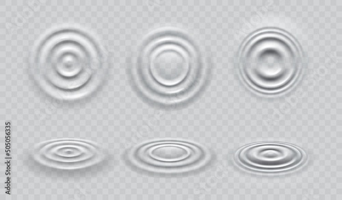 Ripple water waves top view. Realistic 3d vector caustic drop or sound splash motion effect, concentric circles in puddle. Set of round swirls on liquid surface, abstract smooth graphic aqua texture
